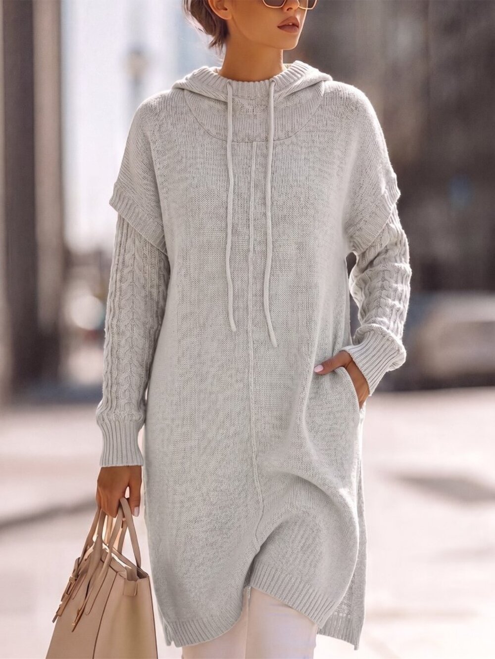 Grey Casual Women's Hooded Cable Knit Patchwork Long Sleeve Mid-Length Sweater